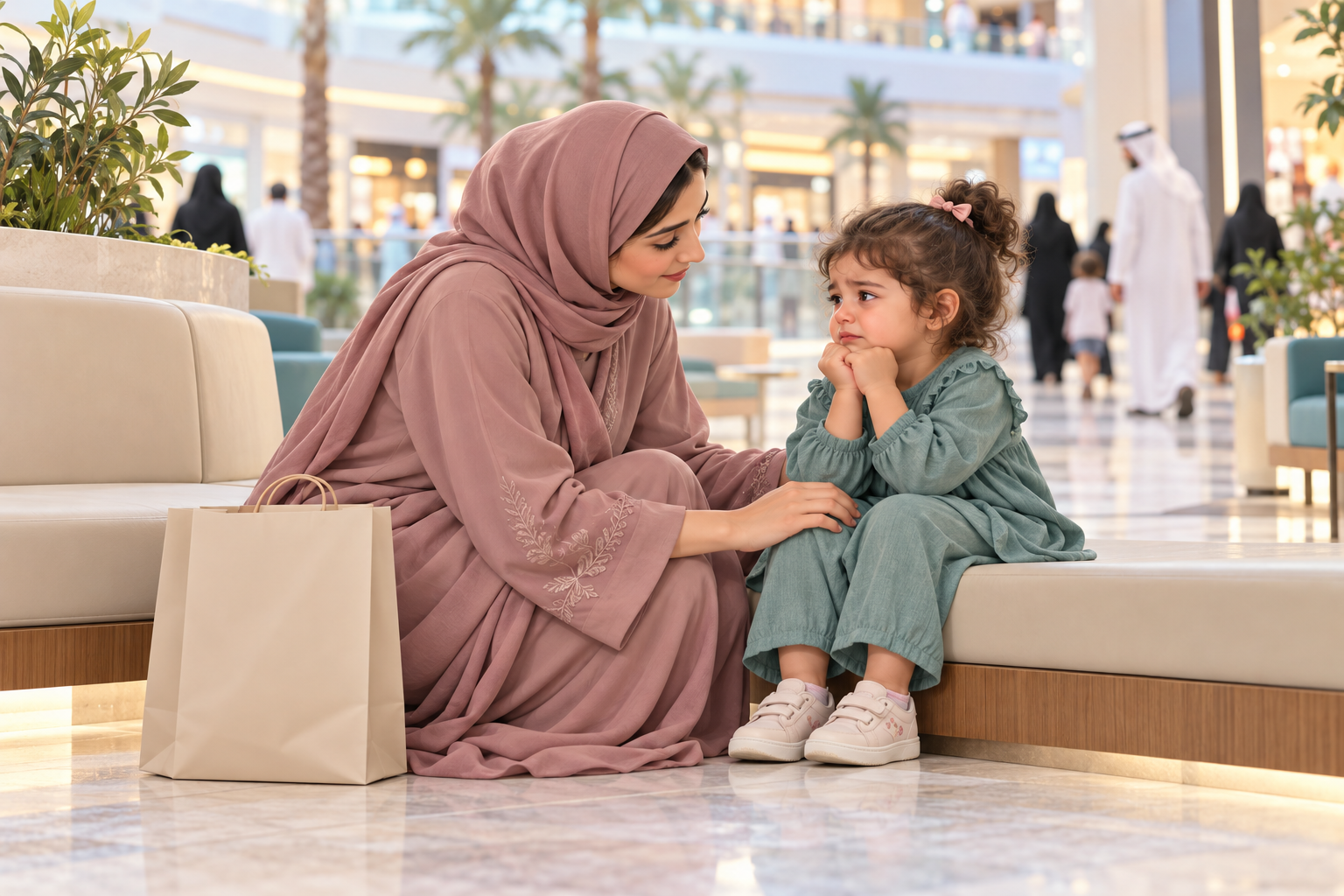 أم عربية تهدئ طفلتها بهدوء خلال نوبة غضب في مركز تجاري