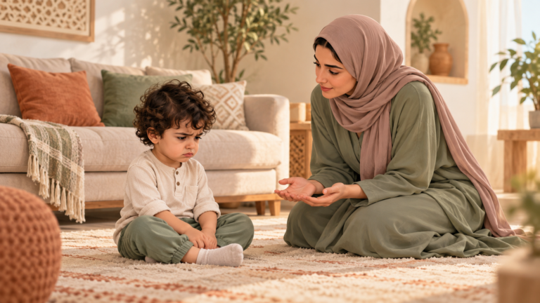أم عربية تجلس بهدوء قرب طفلها ذي العامين أثناء شعوره بالغضب