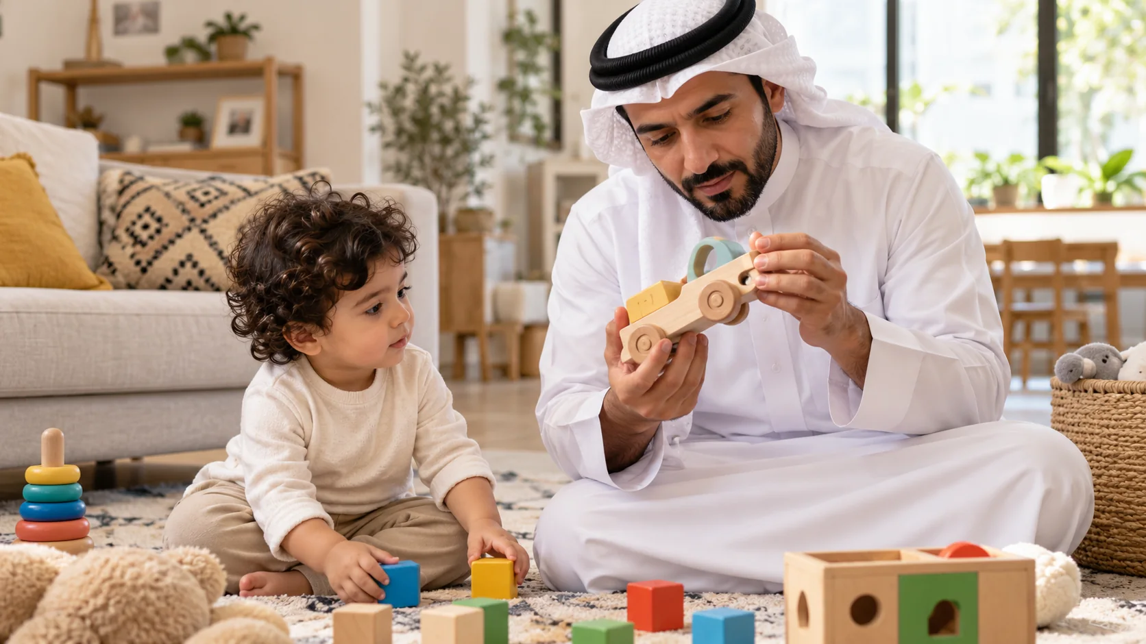 أب عربي يفحص لعبة خشبية ويتأكد من عدم وجود أجزاء صغيرة