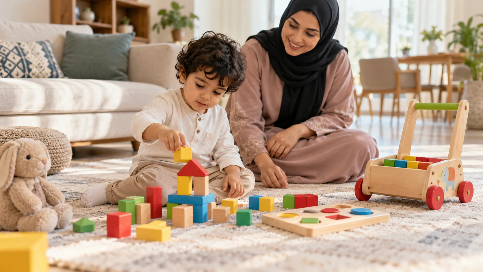 طفل عربي في عمر سنتين يلعب بالمكعبات وأحجية الإدخال ولعبة دفع
