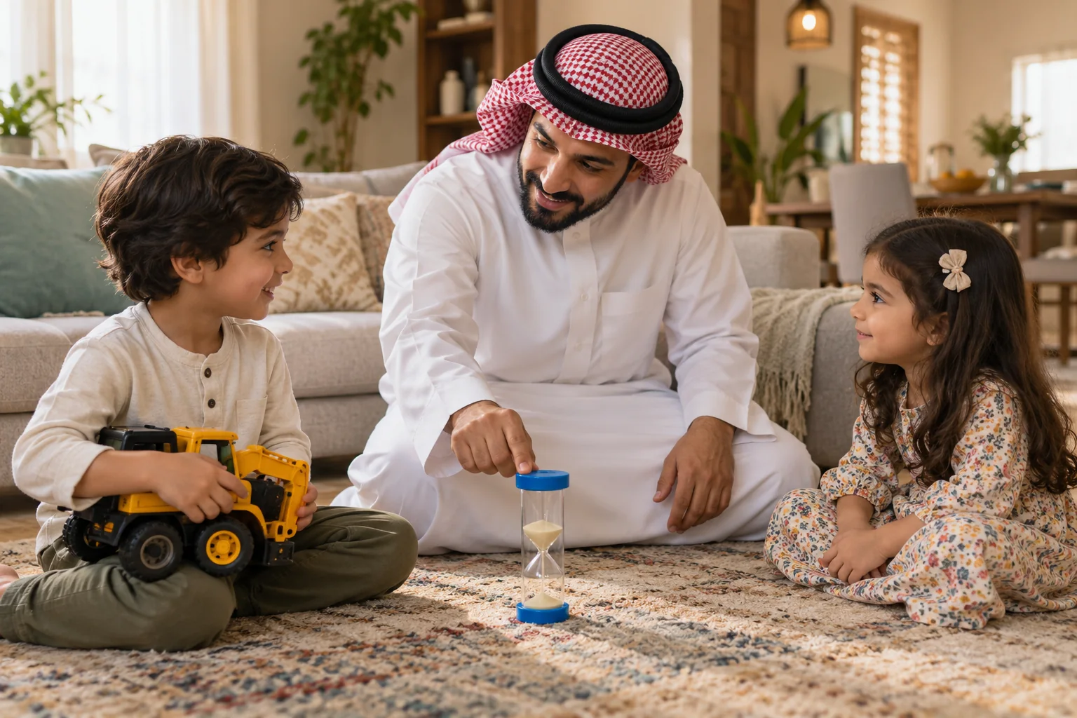 أب عربي يستخدم مؤقتًا رمليًا لمساعدة طفلين على تبادل لعبة
