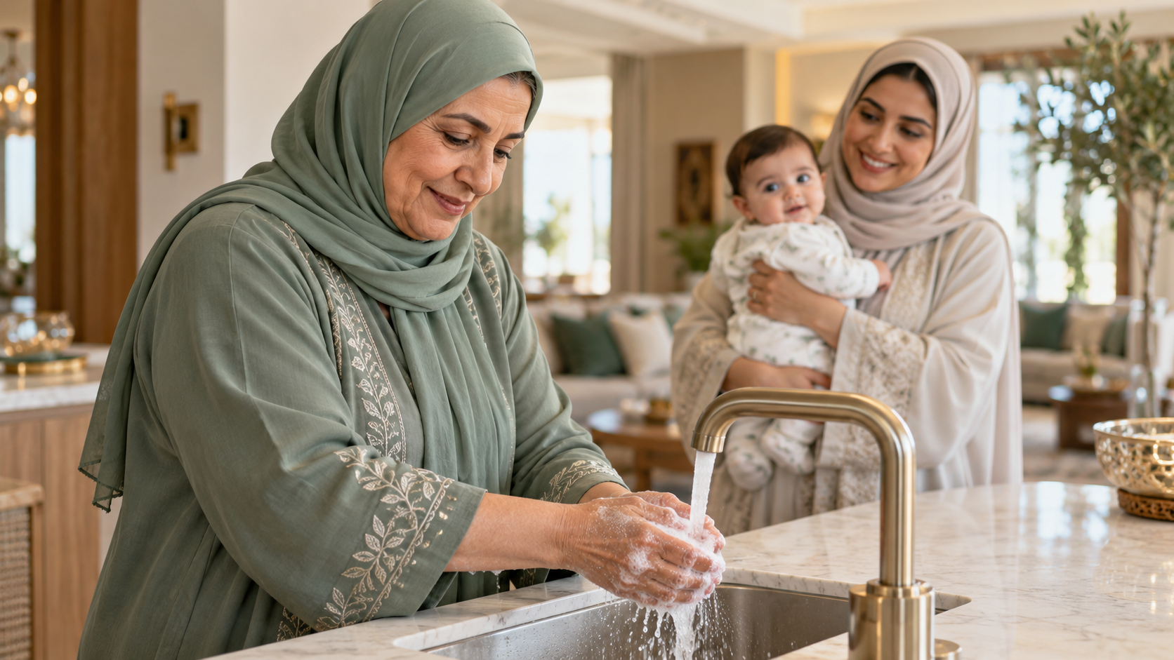 جدة تغسل يديها قبل حمل الرضيع أثناء زيارة عائلية
