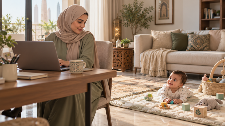 أم عربية تعمل من المنزل قرب رضيعها المستيقظ في مساحة لعب آمنة
